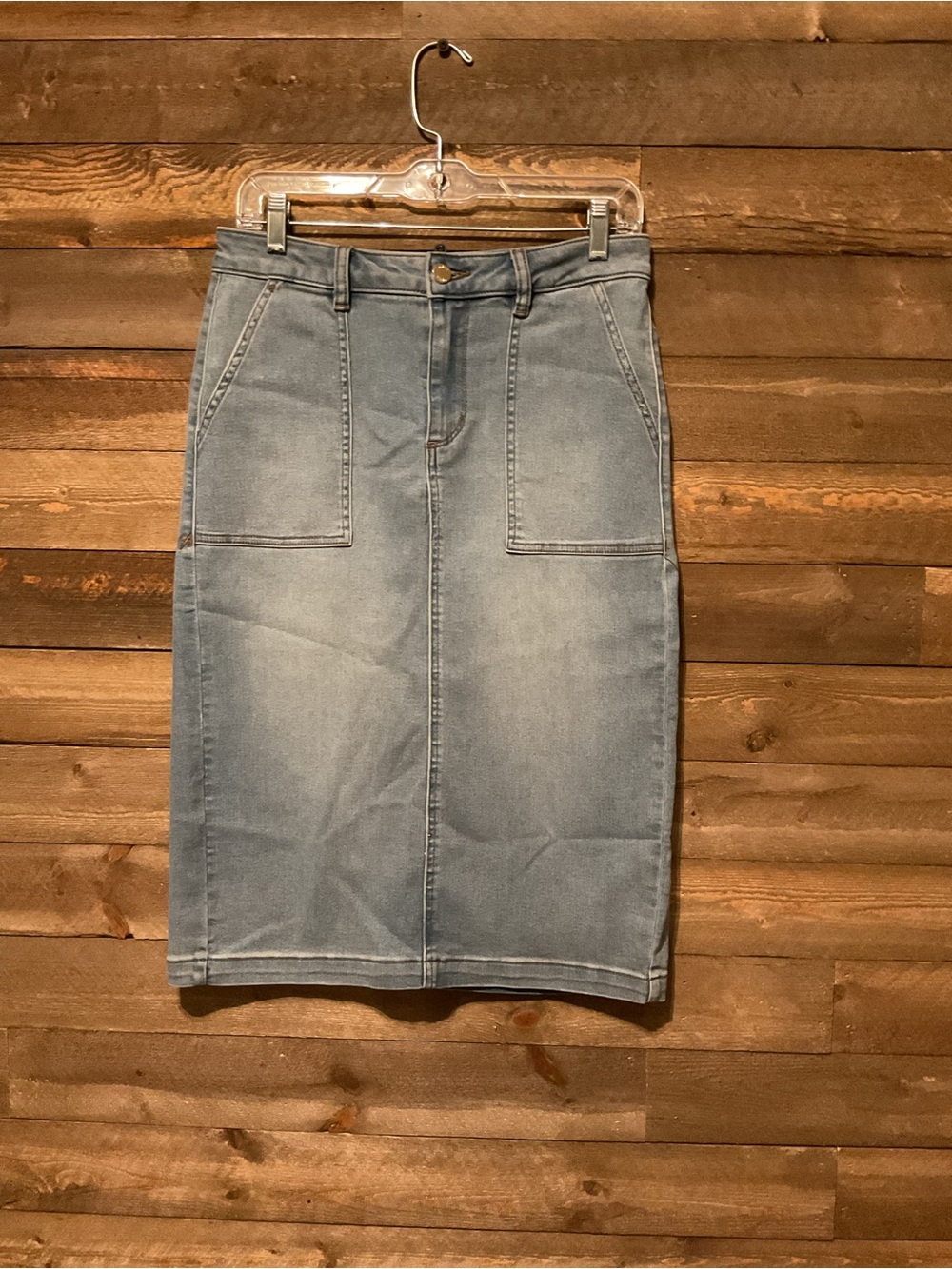 Ann Klein Midi Skirt Medium Wash Denim Back Slit Women’s Size 2